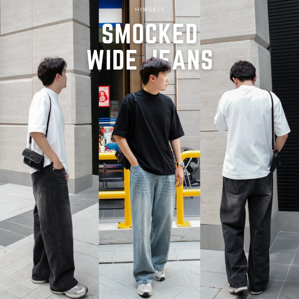 HIMSELF Smocked Wide Jeans กางเกงยีนส์ผู้ชาย เอวสูงทรงขากระบอกใหญ่ เอวยืดได้เล็กน้อย ใส่สบาย