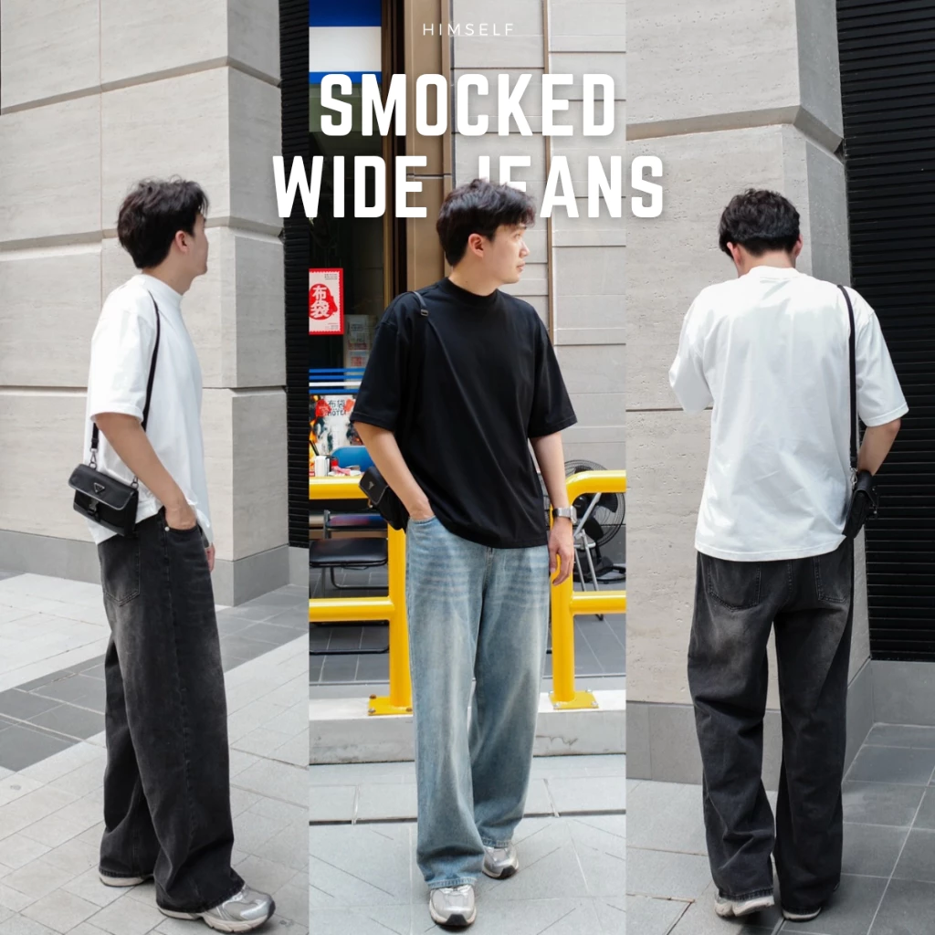 HIMSELF Smocked Wide Jeans กางเกงยีนส์ผู้ชาย เอวสูงทรงขากระบอกใหญ่ เอวยืดได้เล็กน้อย ใส่สบาย