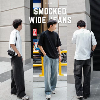 HIMSELF Smocked Wide Jeans กางเกงยีนส์ผู้ชาย เอวสูงทรงขากระบอกใหญ่ เอวยืดได้เล็กน้อย ใส่สบาย