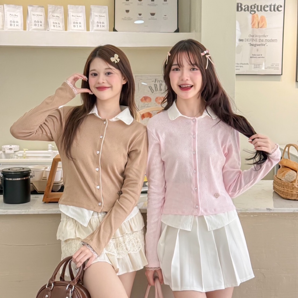 RIKA น้องดังโงะ เสื้อแขนยาว คอปก กระดุมหน้า ลายหัวใจ ใส่สบาย
