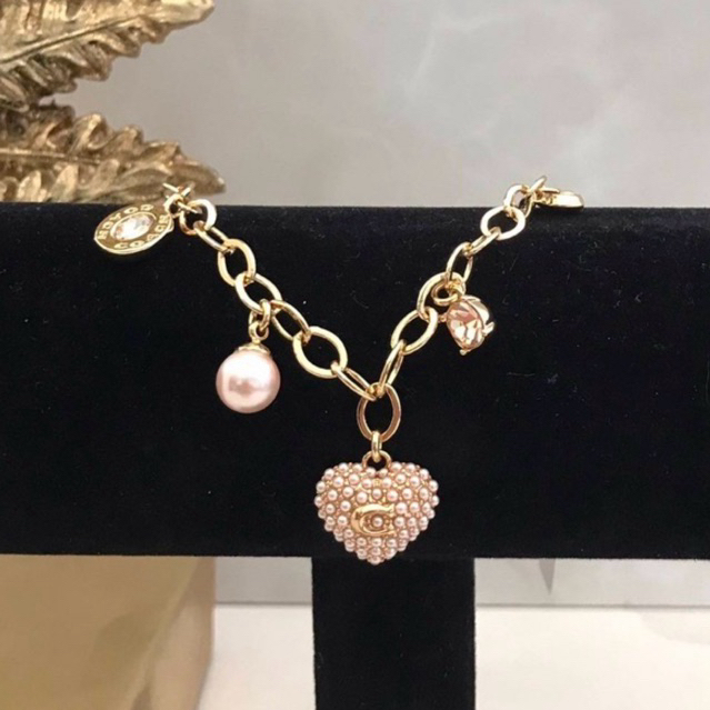 ✅🎀(สด-ผ่อน) CC034 PEARL HEART CHARM BRACELET สร้อยข้อมือโซ่ทองห้อยหัวใจมุกชมพู