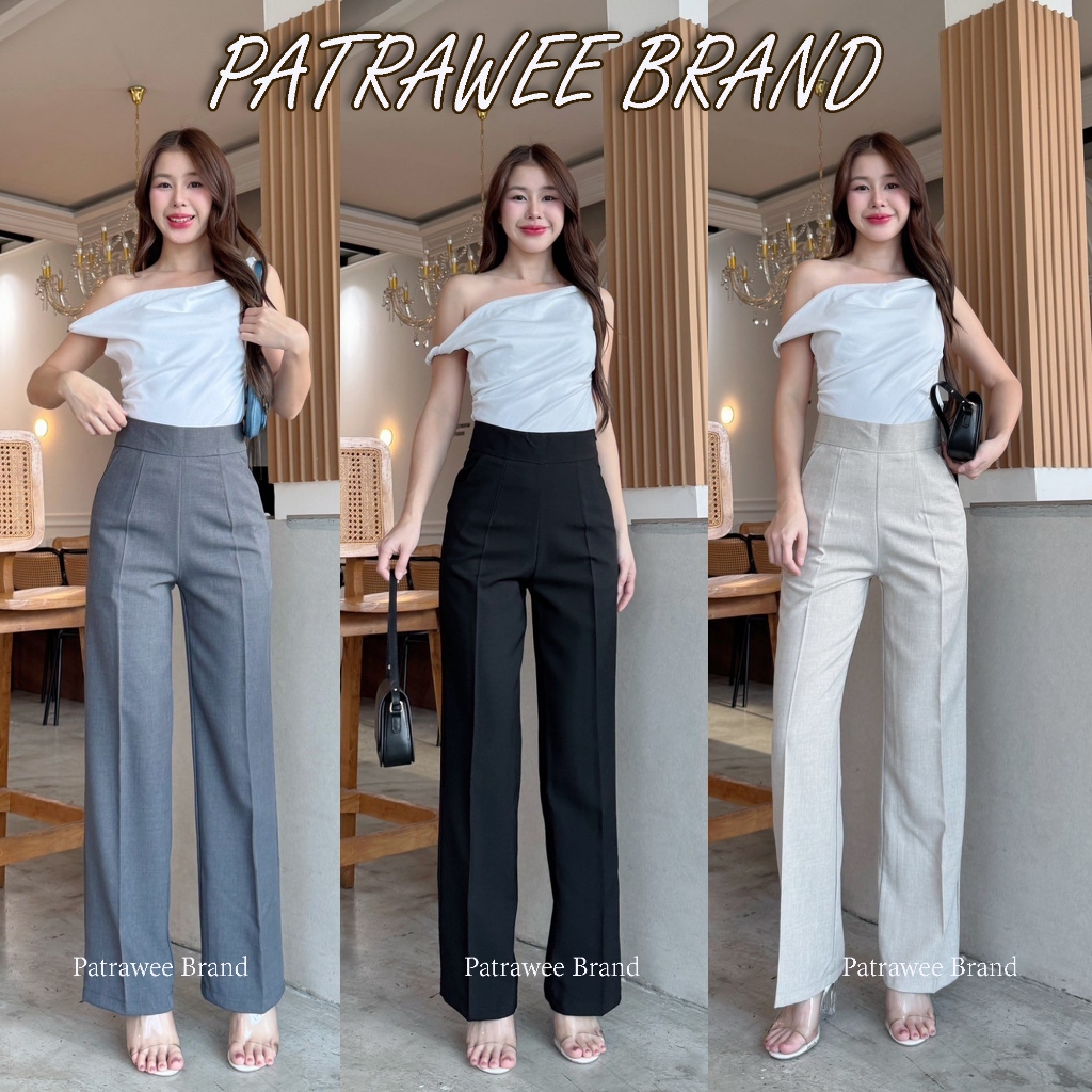 ใหม่ล่าสุด P42 กางเกงเอวสูงกระบอกกลาง กางเกงขากระบอกกลาง กระเป๋าข้าง  ซิปข้าง ผ้าโซดา
