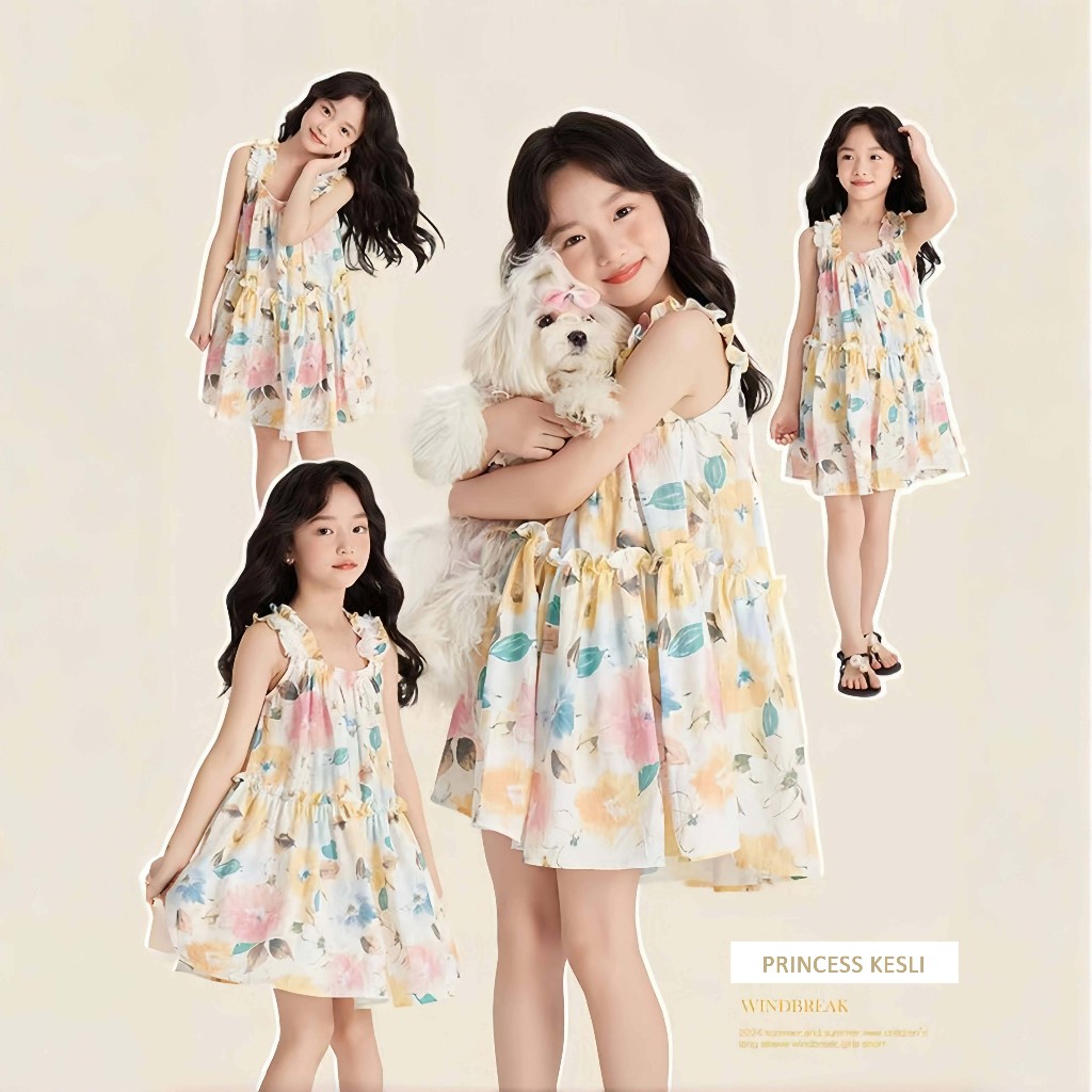 PRINCESS KESLI ชุดเดรสเจ้าหญิง เด็กวัยหัดเดินสาวเด็กแขนกุดชุดสีชมพูดอกไม้พิมพ์ผ้ากอซชุดสไตล์เกาหลี 1-11 ปี