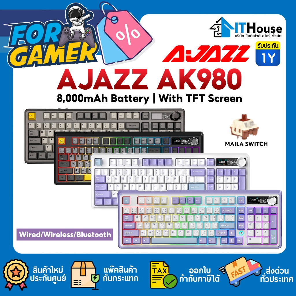 🔥AJAZZ AK980🔥คีย์บอร์ดเกมมิ่งคีย์TH/EN  LCD Tri-Mod Maila Switch Gasket Mechanical Keyboard 98Key + 