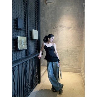 ส่งทันที Cici(NO. Y6209) เสื้อสายเดี่ยวผ้าลินิน สีพื้น แต่งระบายทรงเฉียง ซิปหลัง ปรับสายได้ สำหรับซัมเมอร์