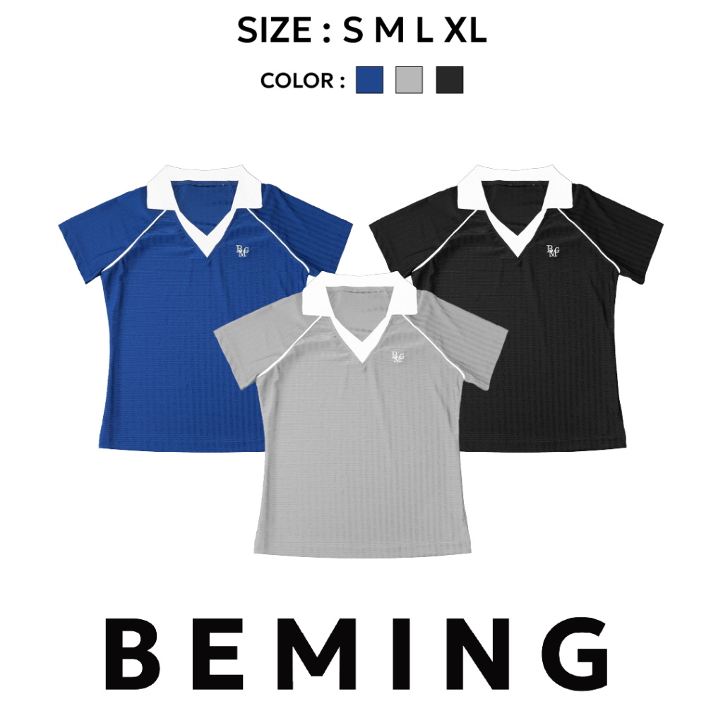 Bemingtop877(S-XL)-Sporty V Polo เสื้อโปโลแขนสั้น ดีไซน์คอปกขาวตัดสี แนวสปอร์ตๆ 