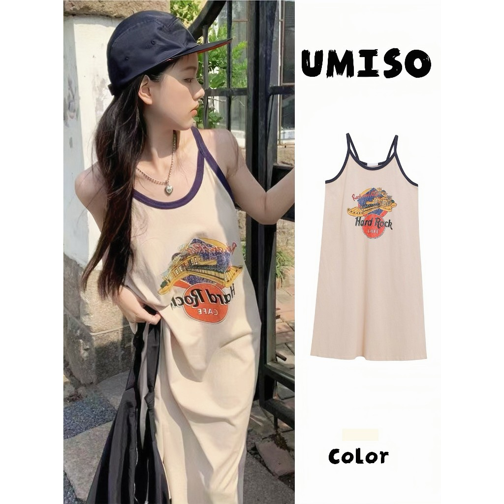 UMISO เดรสผู้หญิง 100%cottonสไตล์ลำลอง ชุดเดรสยาว ชุดเที่ยวทะเล เนื้อผ้าใส่สบาย เดรสทรงหลวม