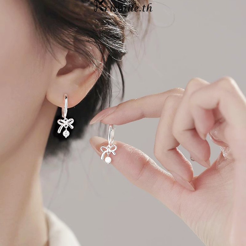 COD-ในไทย💖ต่างหูS925 จี้ประดับโบว์ เพทาย สไตล์หรูหราแสง ความรู้สึกระดับไฮเอนด์ สำหรับผู้หญิง เครื่อง