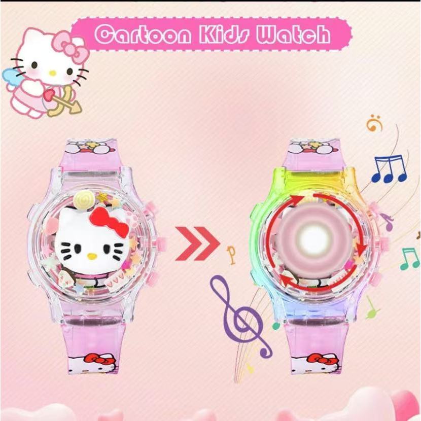 SANRIO นาฬิกา ซานริโอ คุโรมิ พร้อมกล่องของขวัญ สำหรับเด็กผู้หญิงหมุนเรืองแสงเพลงนาฬิกาที่มีสีสันกระ พริบเด็ก นำ นาฬิกาสำ