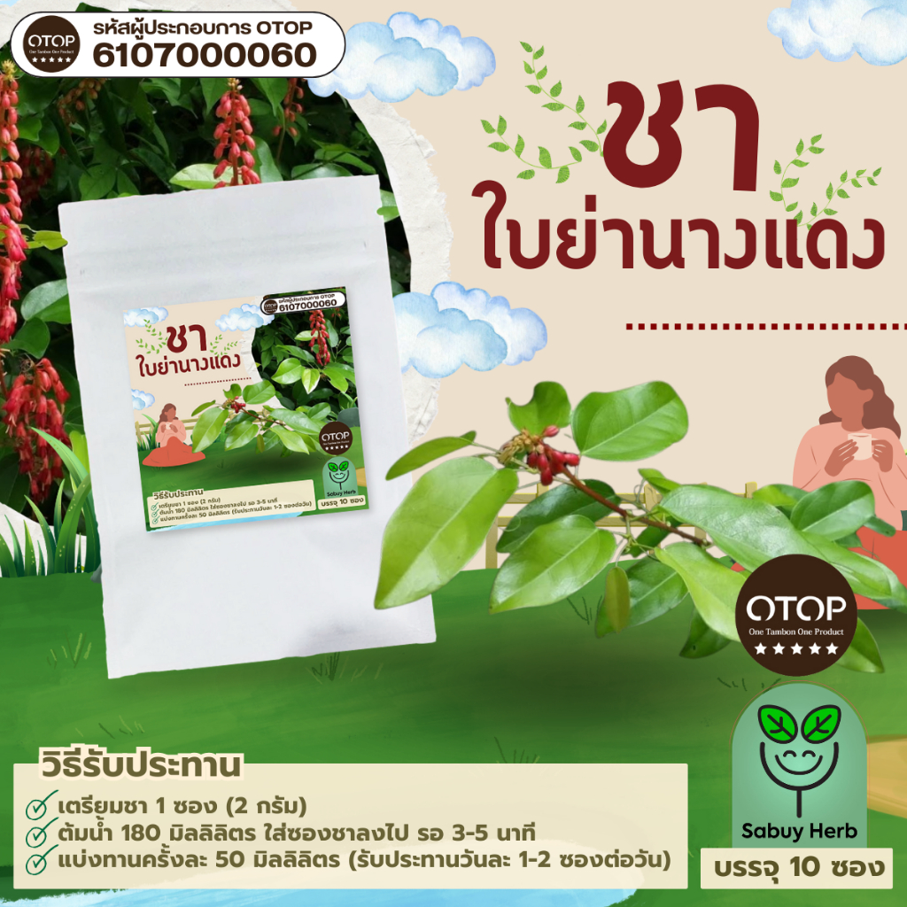 🔥ออกใบกำกับภาษีได้📌 ชาย่านางแดง แบบซองแช่ ไม่มีน้ำตาล (สินค้าOTOP) (1 ห่อ 10 ซองชา)