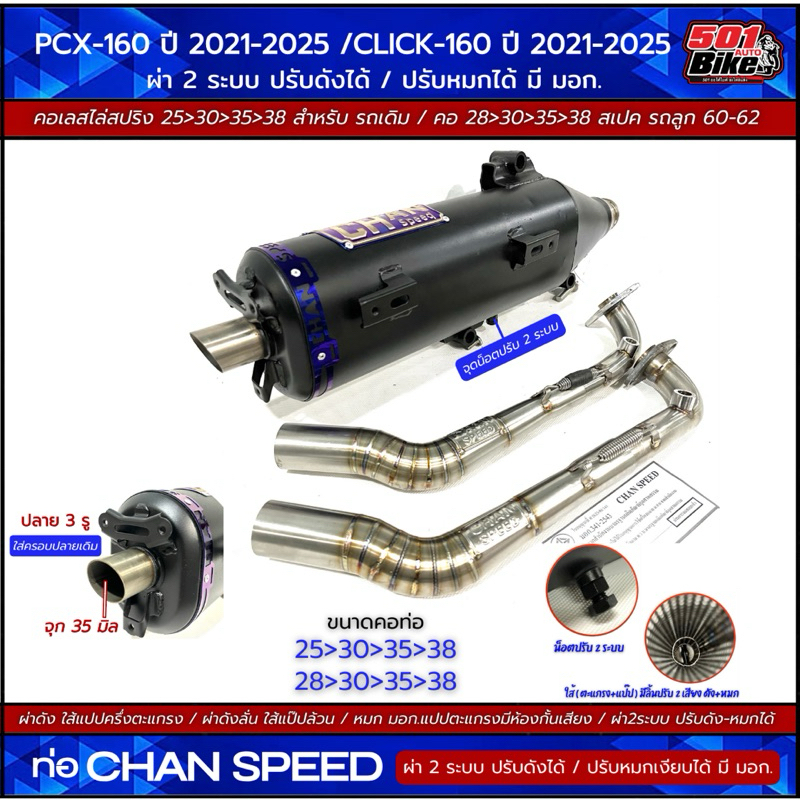 ท่อผ่าชาญสปีด(2 ระบบ ทรงเดิม)ปรับได้  PCX-160ปี2021-2025/CLICK-160ปี2021-2025คอสปริง25-38/28-38 มี มอก.