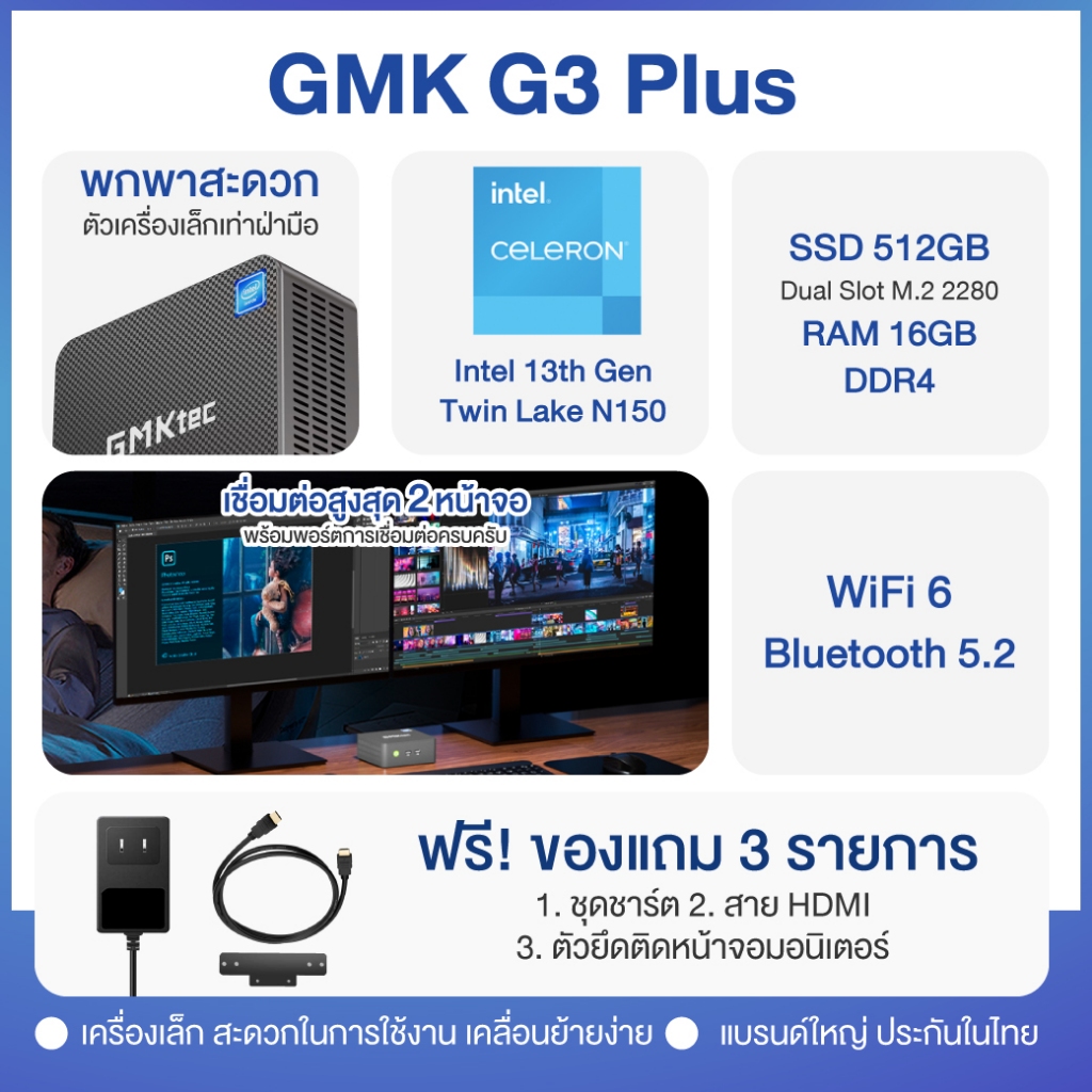 [New 2025] GMKtec NucBox G3 Plus Mini PC มินิ พีซี Intel 13th Gen N150 RAM 16GB +SSD 512GB Windows 11 ประกัน 1 ปีในไทย