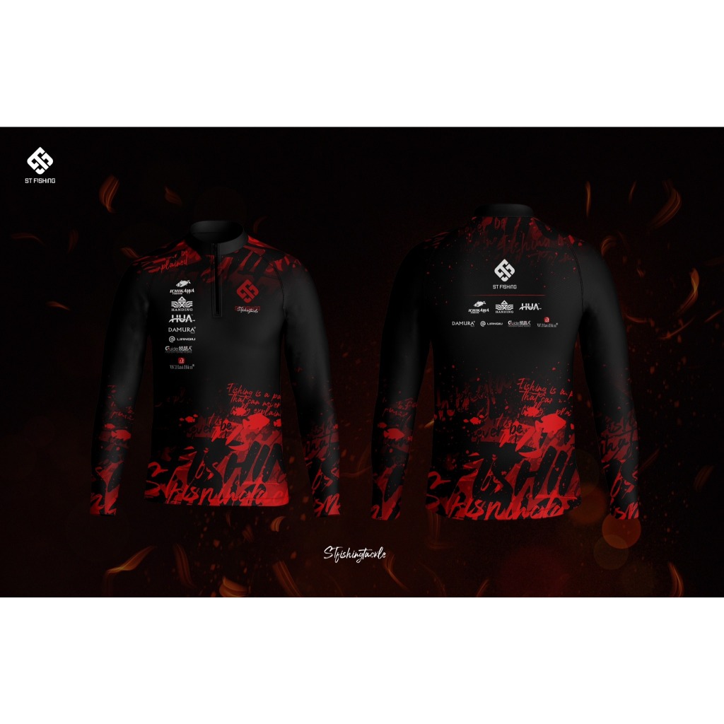 เสื้อ ST Fishing Jersey 2025 Collocation Black & RED แบบใหม่กระดุมคอด้านหน้าสบายกว่าเดิม แถบระบายอากาศด้านข้างใส่สบาย
