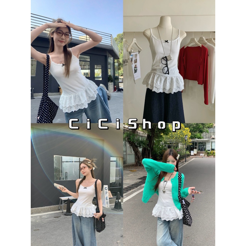 Cicishop(Q889/J2068) เสื้อสายเดี่ยวผ้ายืด สีพื้น แต่งชายระบายลูกไม้ ปักโบว์มินิมอล สำหรับซัมเมอร์นี้