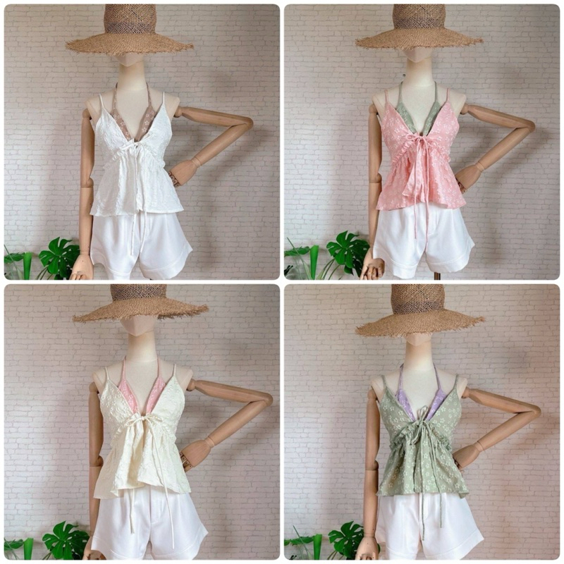 FK : สายเดี่ยว ผสม คล้องคอ ทูโทน เว้าลึก ลายดอก 3D แมทกับ กางเกง กระโปรง ต้องมีน้า…🎠🎠