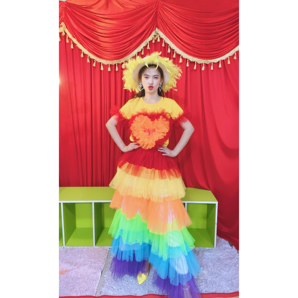 เสื้อยืดหัวใจพองฟู ฟรุ้งฟริ้ง แต่งผ้ามุ้ง สีสันสดใสคัตเลอฟู