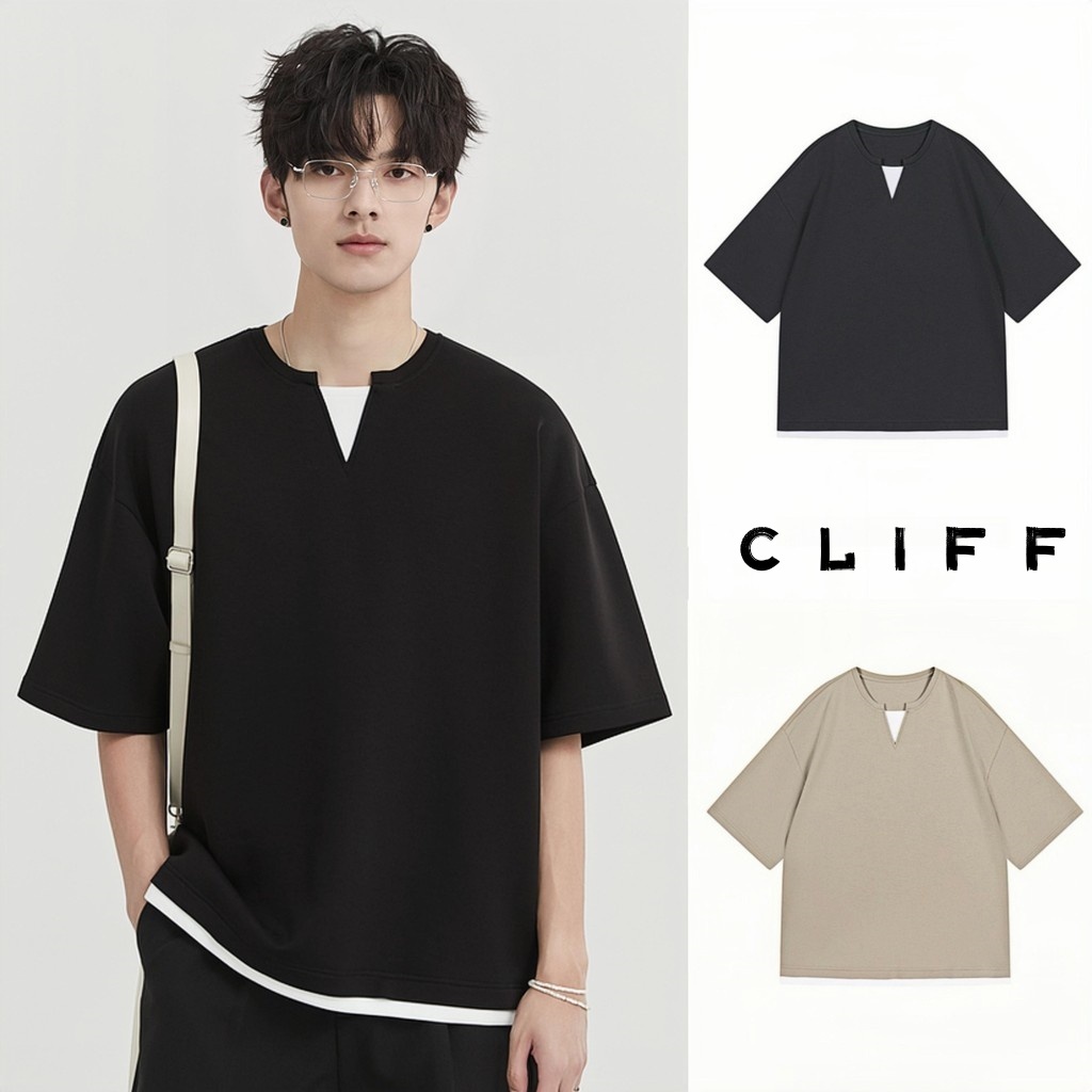 CLIFF คอวีแขนสั้นผู้ชาย ปลอมสองชิ้นออกแบบทับซ้อน แบบหลวมลำลองเสื้อฤดูร้อน