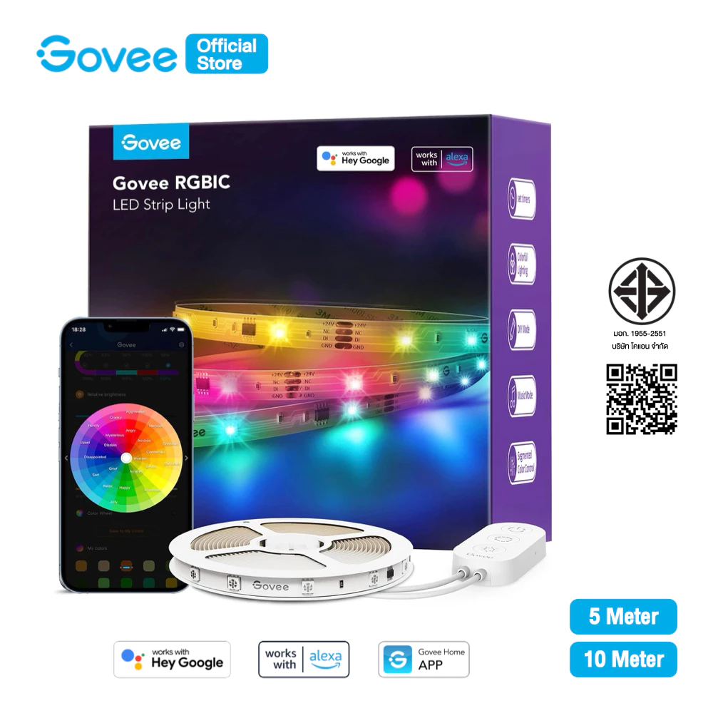Govee RGBIC Basic LED Strip Light 5M/10M Wi-Fi + Bluetooth Music Sync | ไฟเส้น LED อัจฉริยะ ปรับสีไล่เฉดรุ่น H618A