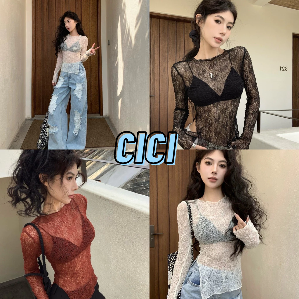 ส่งทันที Cici(NO. J1686) เสื้อยืดลูกไม้แขนยาวคอกลม ผ่าข้าง ทรงเฉียงสลิมฟิตเข้ารูป สไตล์เกาหลี