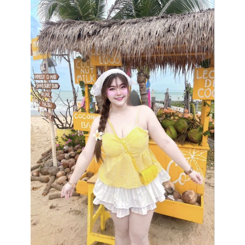 เสื้อสก็อตโซคิ้วใช้ผ้าสก็อตทอตัวแพงสม็อคเต็มหลังแต่งลูกไม้ช่วงอกสายมีตัวปรับลุคคุณหนูสดใสเฟรชชี่🎀