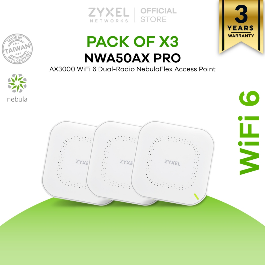 ZYXEL NWA50AX Pro แพ็ค 3 ตัว ตัวขยายสัญญาณ WiFi 6 AX3000 Access Point รองรับ GbE PoE