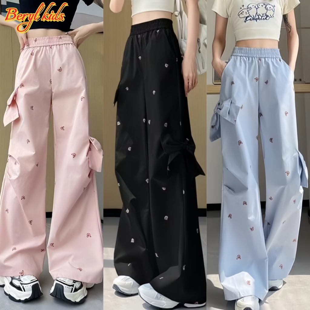 Beryl kids🌸กางเกงขากว้างเด็กแฟชั่น🎀กางเกงลำลองติดโบว์ พิมพ์ลายน่ารักสำหรับเด็กผู้หญิงฤดูร้อน หลวม สไตล์เกาหลี
