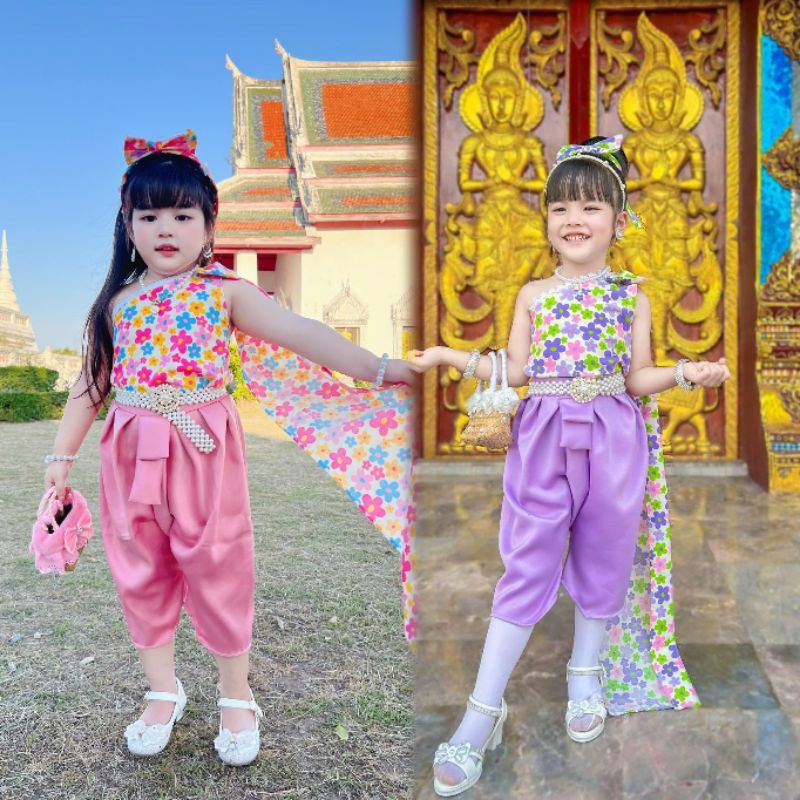 Kk // ชุดไทยเด็กสงกรานต์ลายดอกเดซี่ สไบ + โจงกระเบน แถมโบว์ผูกผม ใส่สงกรานต์ ใส่ไปรร. ใส่ได้ทุกเทศกาล ผ้าเบาสบายไม่ร้อน