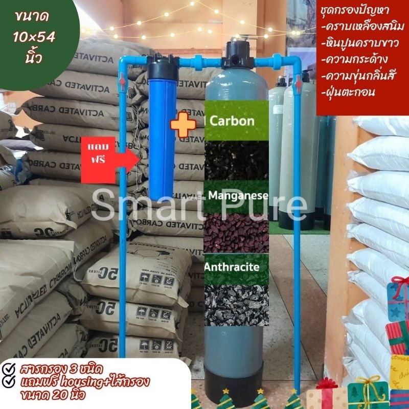 ถังกรองไฟเบอร์กลาสขนาด10นิ้ว×54พร้อมสารกรอง3ชนิด60ลิตรแถมฟรีทันทีhousing ขนาด20นิ้ว1 ชุด