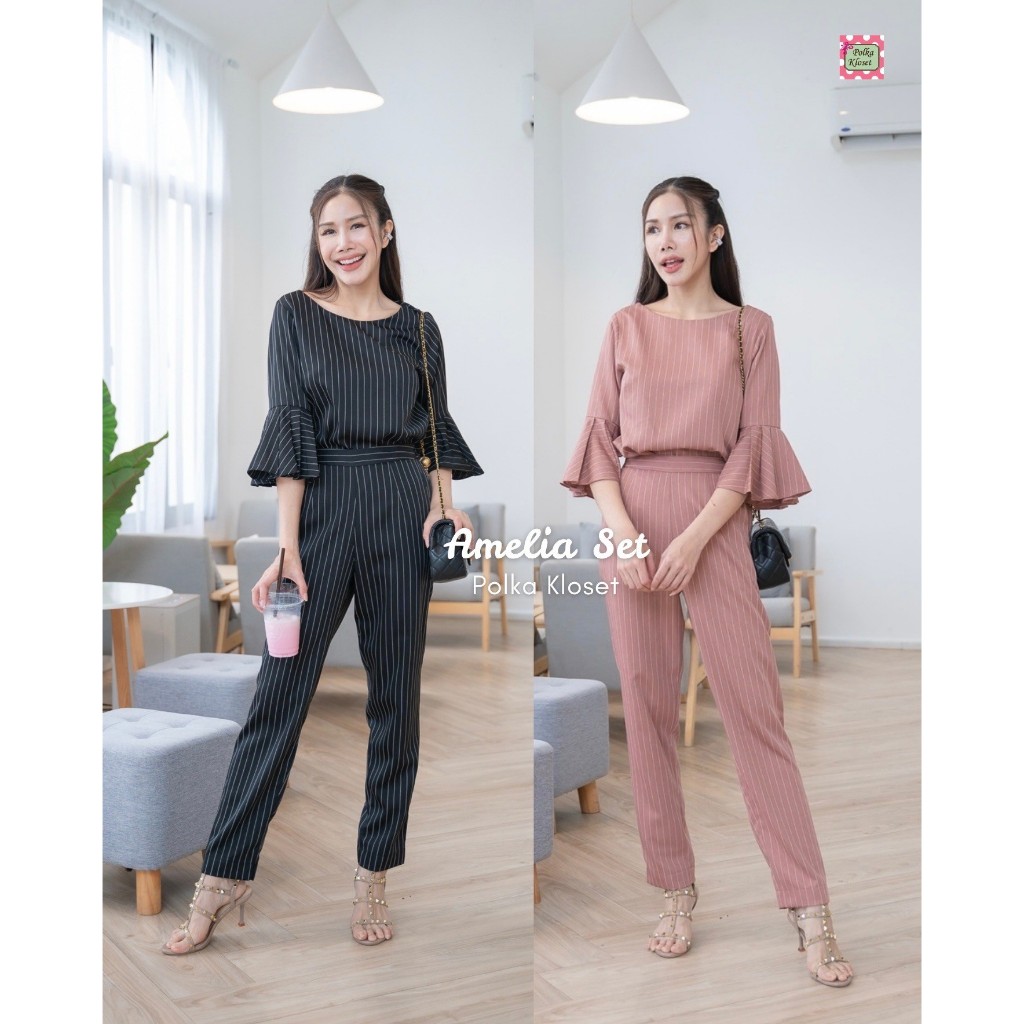 Amelia Set ชุด 2 ชิ้น (เสื้อ+กางเกง)เสื้อคอปาดแขนกระดิ่ง หรูหราลุคผู้ดี กางเกงเก็บหุ่นเพรียว