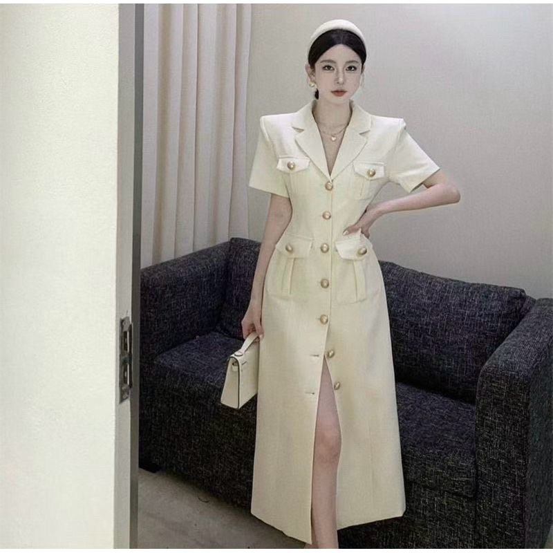 [LISA] A0887 ชุดเดรสกระโปรงยาวคอปกแขนสั้นดีเทลกระดุมหน้าแต่งกระเป๋า เรียบหรูดูแพงผู้ดี ใส่เที่ยว ออกงาน ดินเนอร์ คาเฟ่