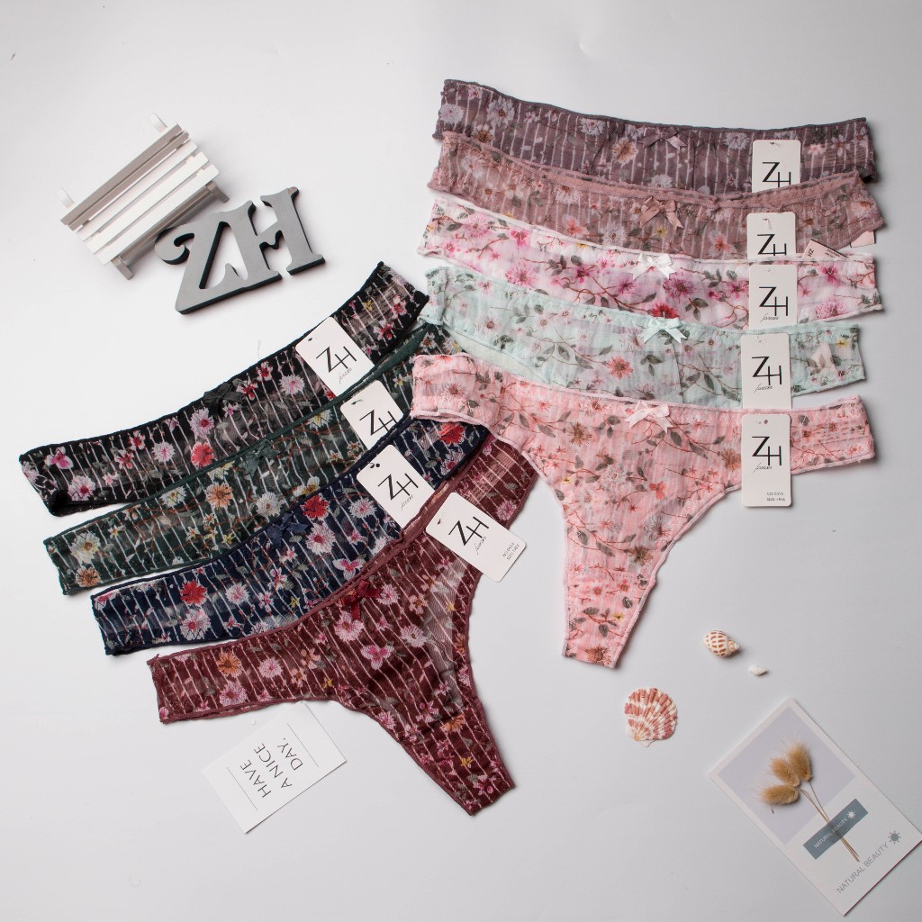 ZH.D018กางเกงชั้นในจีสตริงเอวต่ำลายดอกไม้.กางเกงในลูกไม้G-string