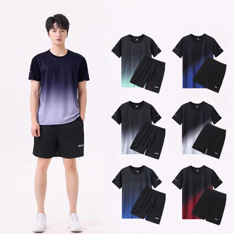 ชุดกีฬา 2 ชิ้น ชุดกีฬา เสื้อยืด+กางเกงขาสั้น ผ้าเบา Run เสื้อยืดคอกลมสีพื้น ชุดกีฬาผู้ชาย ชุดวิ่ง