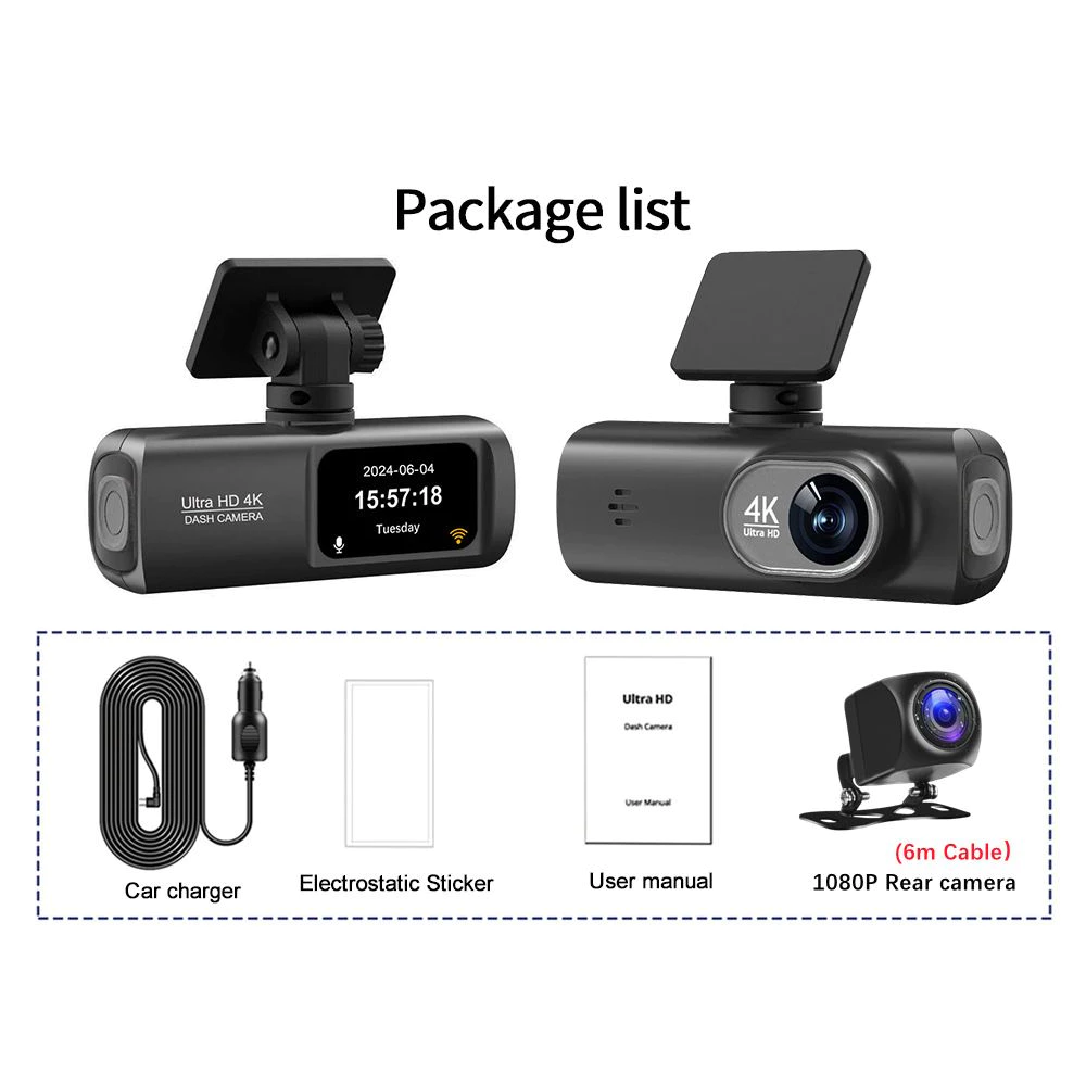4K 2160P ตำแหน่งGPS dash cam กล้องติดรถยนต์ มุมกว้าง 170°กล้องหน้าหลัง การเชื่อมต่อ APP WiFi การดูแบบเรียลไทม์ โหมดกลางค thumbnail 9