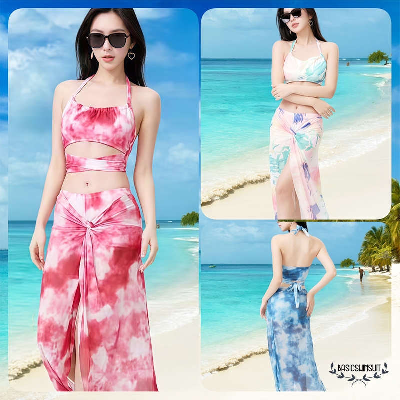 🧡Basic swimsuit💛ชุดว่ายน้ำผู้หญิง beach dress ชุดเซต3ชิ้น ชุดว่ายน้ำกระโปรง พร้อมแผ่นรองหน้าอก