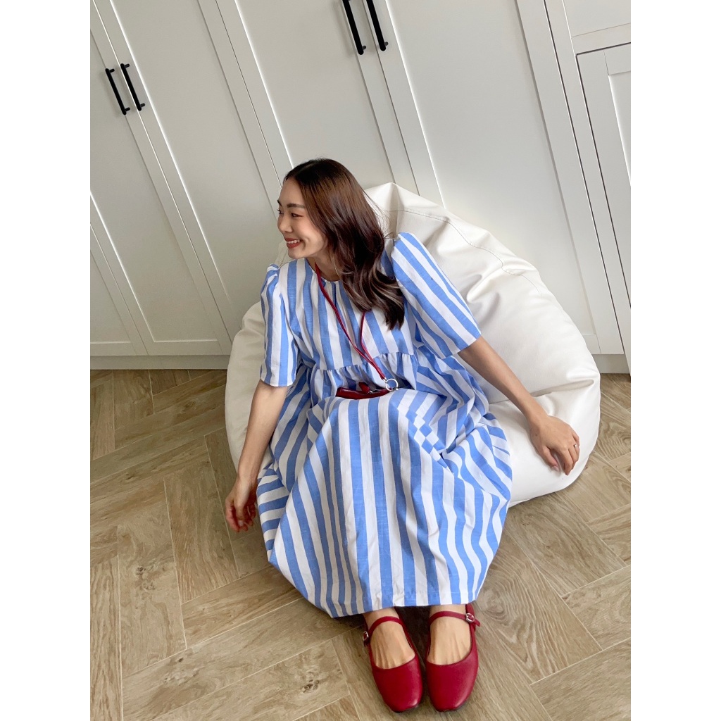 CHAWY Strip blue dress 🌟🌎 C4548  เดรสยาวมินิมอล เดรสมินิมอล - รูปที่ 2