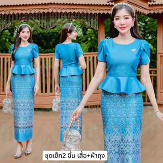 TG31 ชุดเซท 2 ชิ้น (เสื้อ+กระโปรง) ลายไทย ผ้าไหมญี่ปุ่นพิมพ์ลาย ทรงสวยแพทเทริน์เป๊ะ พร้อมส่ง ihap88