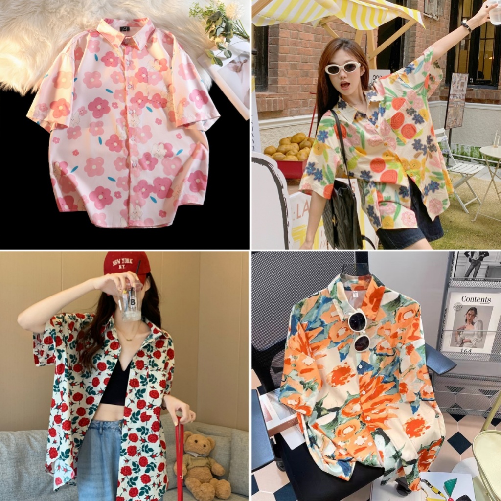 Beryl 🌻 เสื้อลายดอกไม้สำหรับผู้หญิงย้อนยุคฤดูร้อนแขนสั้นหลวม เสื้อเชิ้ตแขนสั้นลำลองสไตล์วันหยุด