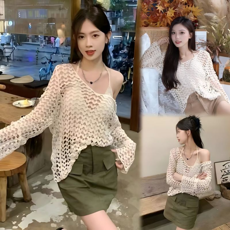 🌸Swift Bra🌸เสื้ิอคลุมลายหัวใจ เสื้อถักตาข่าย บิกินี่ ใส่เสื้อหัวใจไหมพรมคลุม Summer style