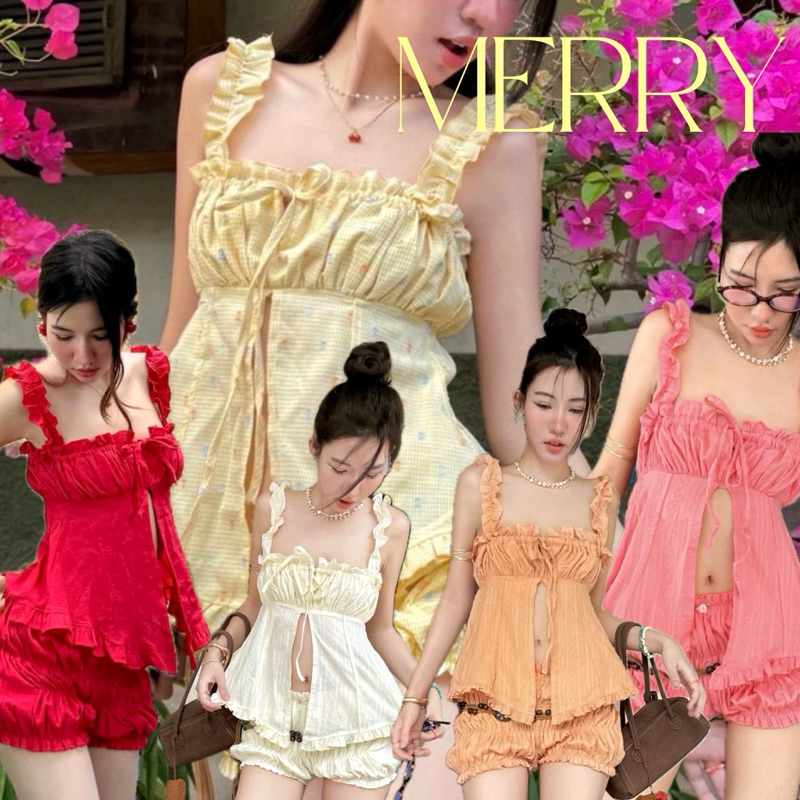 งานป้าย suwimol 🌼 เสื้อสายเดี่ยวระบายโอลีน อกระบาย ผูกโบว์หน้า Merry