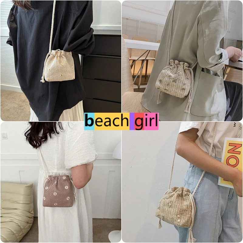 🏖beachgirl🏖ลายดอกไม้ กระเป๋าแฟชั่นสะพายข้างใบเล็ก สไตล์แฟชั่น แพ็คเกจทอผ้ามินิ ไปเที่ยวทะเล ทนทาน