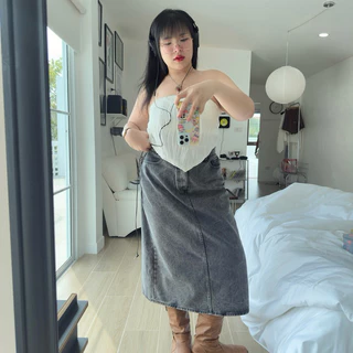 Metal Denim Skirt กระโปรงยีนส์ยาว(สีเมทัล)ผ่าหลังเอวสูง (ดำฟอก)💕🦋✨ | Geebeety
