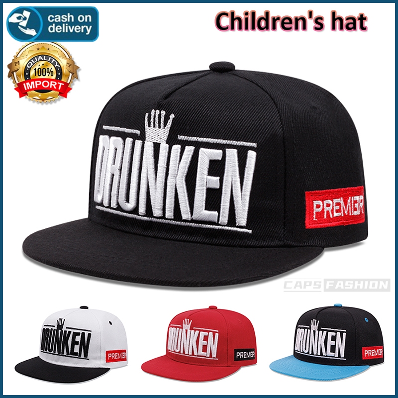 หมวกเด็ก หมวกเบสบอล สไตล์ฮิปฮอป DRUNKEN ปักลายตัวอักษร snapback cap แฟชั่น หมวกปีกแบน เหมาะสำหรับเด็กอายุ 4-10 ปี