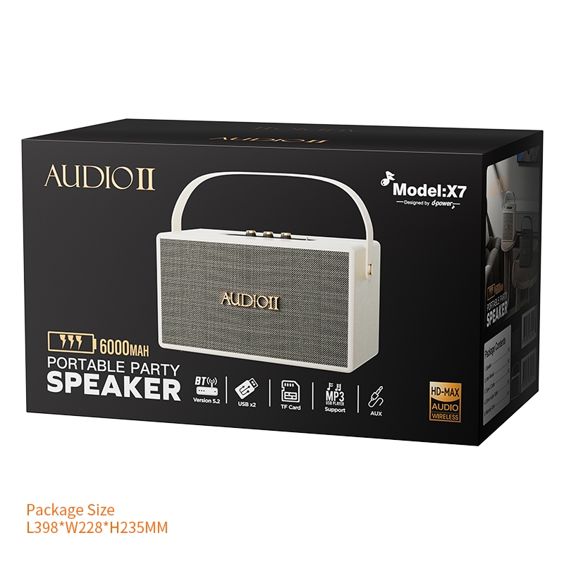 d-power ลำโพงบลูทูธ Audio II รุ่น X7  60 วัตต์ เชื่อมต่อ 2 ตัวได้ รองรับไมค์โครโฟนสาย ประกัน 1 ปี
