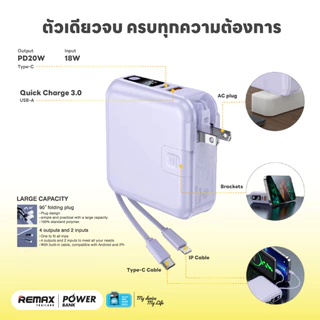 Remax Power Bank รุ่น W1501 ความจุ15000mAh แบตสำรอง ชาร์จไว มีสายในตัว มีประกันศูนย์ไทย มาตรฐาน มอก.