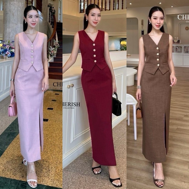 เซ็ตเสื้อกั๊กแต่งกระดุมสุดหรูพร้อมกระโปรงป้ายCherish