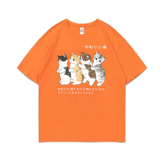 NEW เสื้อยืดคอกลมแขนสั้น วินเทจ ลายแมวน่ารัก ผ้านิ่มใส่สบาย ES400