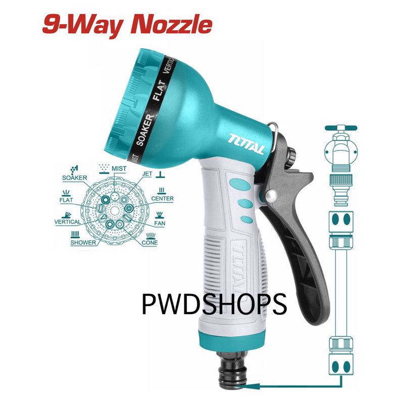 หัวฉีดน้ำรด ต้นไม้ TOTAL มี5แบบ 9ระบบ 3ระบบ หัวแบบหมุนพร้อมข้อต่อ ข้อต่อสายยาง3ชิ้น ใช้รดน้ำต้นไม้ ปืนฉีดน้ำ