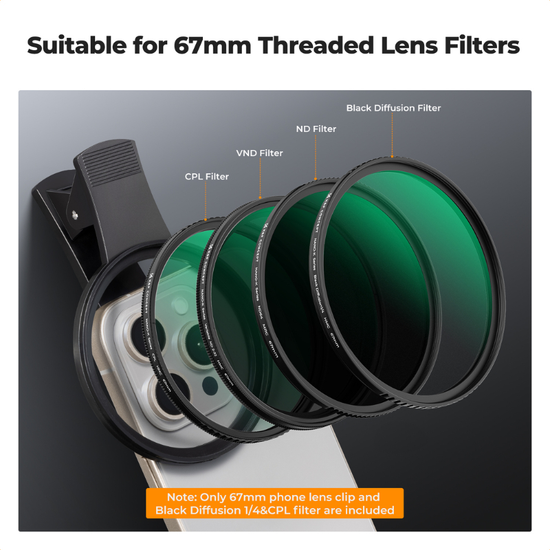 K&F Nano-K 2in1 Filter CPL&Black Mist 1/4 พร้อมตัวหนีบโทรศัพท์สำหรับใส่ฟิลเตอร์ขนาด67mm. (KF01.2900V2)