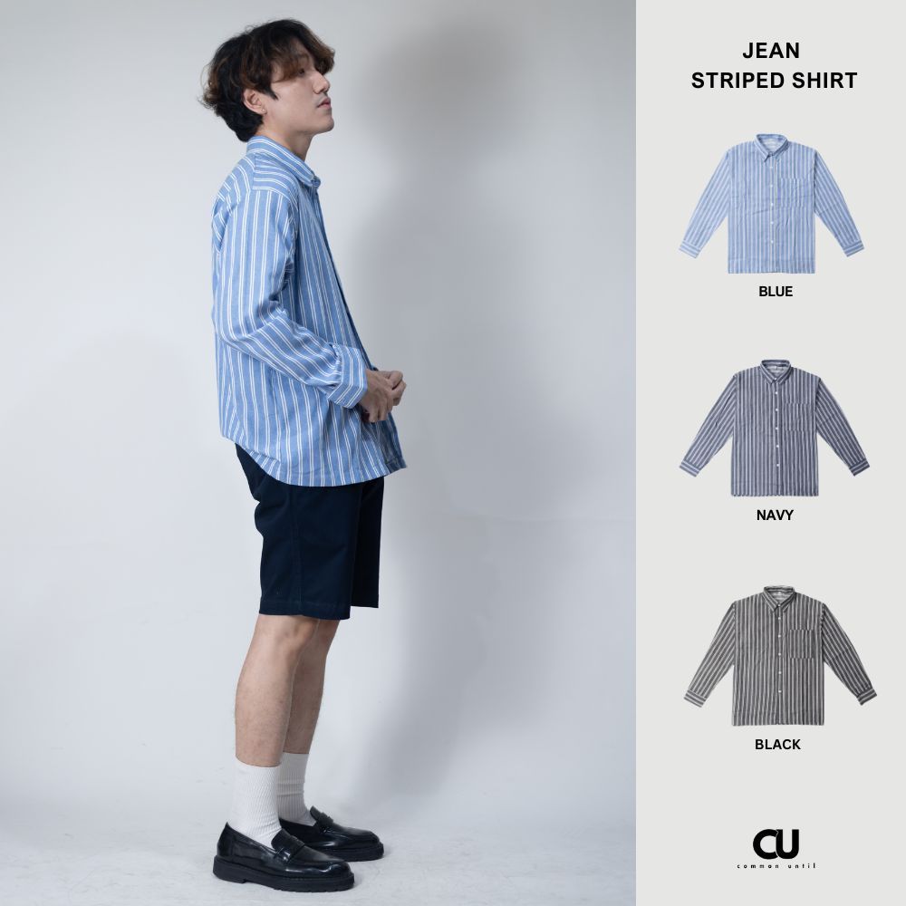 CU [3สี] เสื้อยีน ลายทาง เสื้อเชิ้ตผู้ชาย oversize JEANS STRIPED SHIRT ยีนส์ เชิ้ตแขนยาว NAVY BLACK