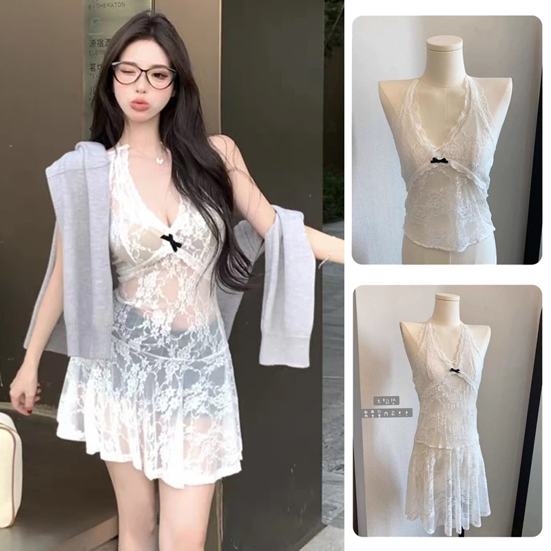 ELLY พร้อมส่ง🎀เสื้อลูกไม้เซ็กซี่🎀สีขาวสั้นและยาว ไม่มีฟองน้ำ ซีทรูเบาๆ แมทช์ง่าย Y2K เสื้อแขนกุด สวยมาก เซ็กซี่สวย